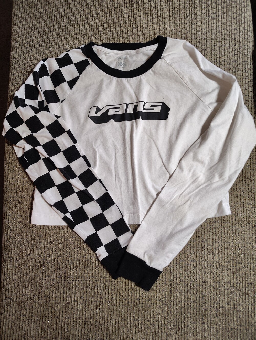 VANS Women's Cropped Long Sleeve Crew Neck Knit Cotton Tee Check M